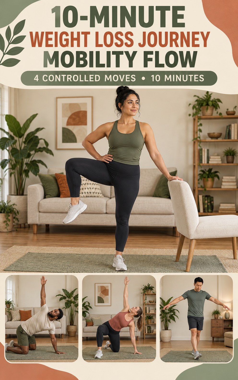 Adult demonstrating standing hip openers in a 10-minute weight loss journey mobility flow infographic.