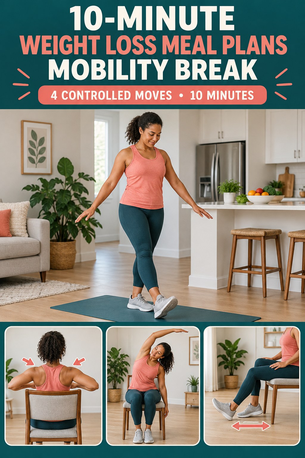Adult demonstrating heel-to-toe ankle rocks in a 10-minute weight loss meal plans mobility break infographic.