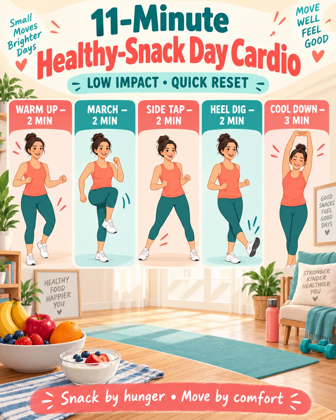 11-minute healthy-snack day cardio infographic with five quick low-impact blocks