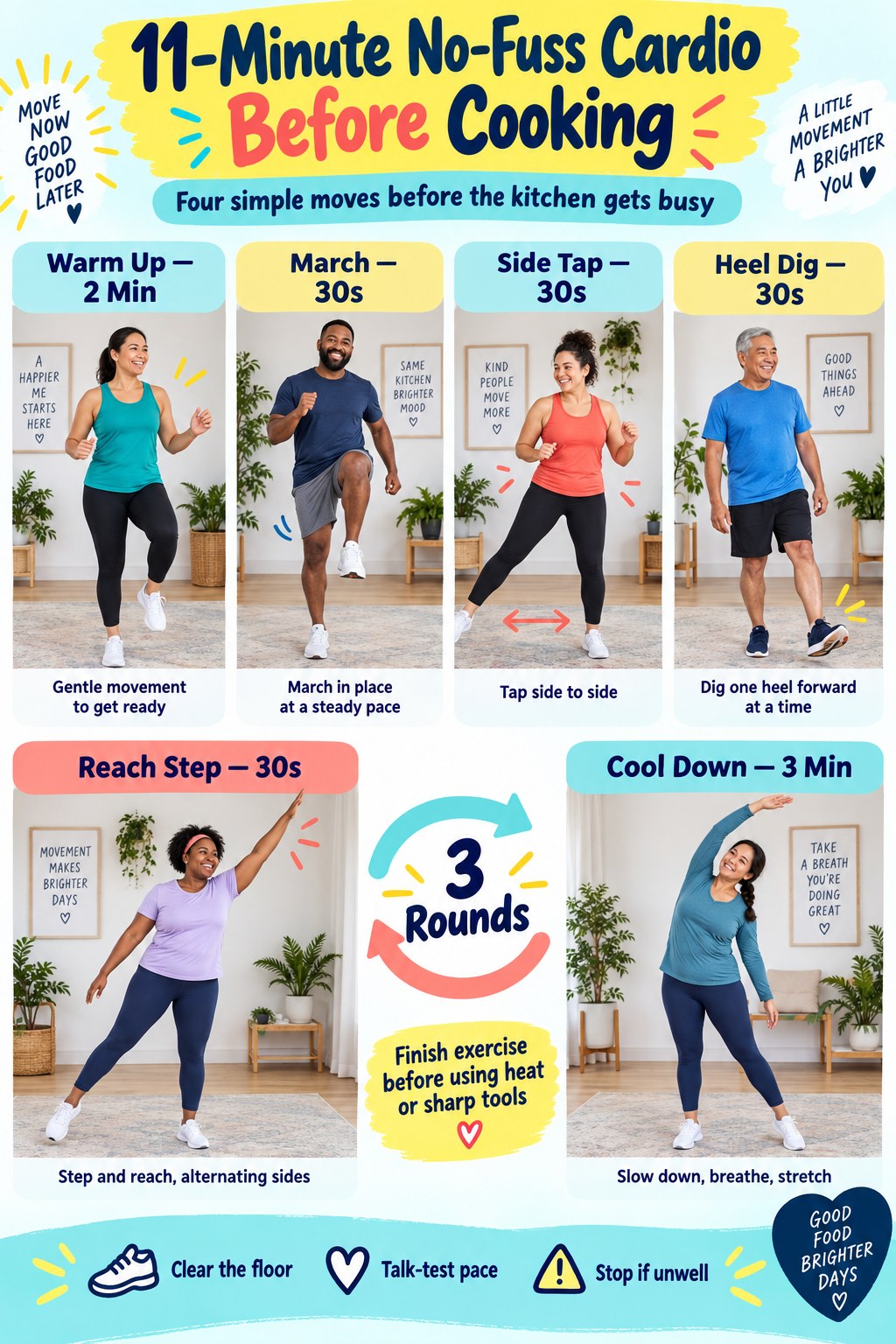 No-fuss cardio infographic showing marching, side taps, heel digs, reach steps, three rounds, a cool-down, and a warning to finish before cooking.