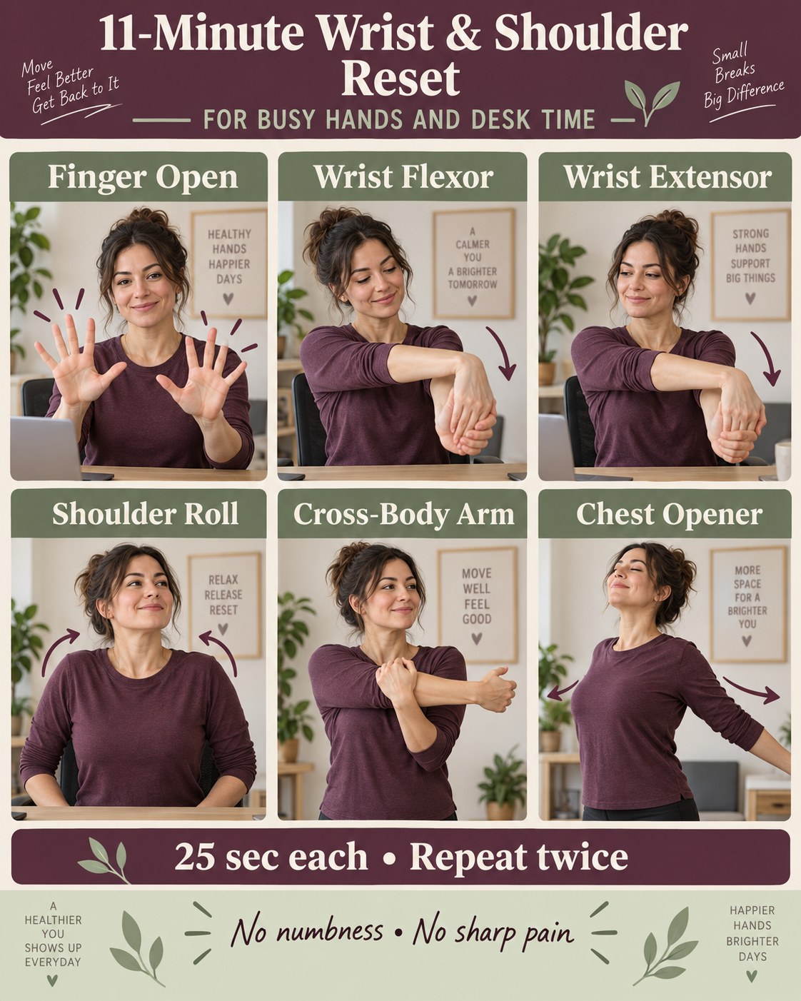 11-minute wrist and shoulder reset infographic with six desk-friendly movements
