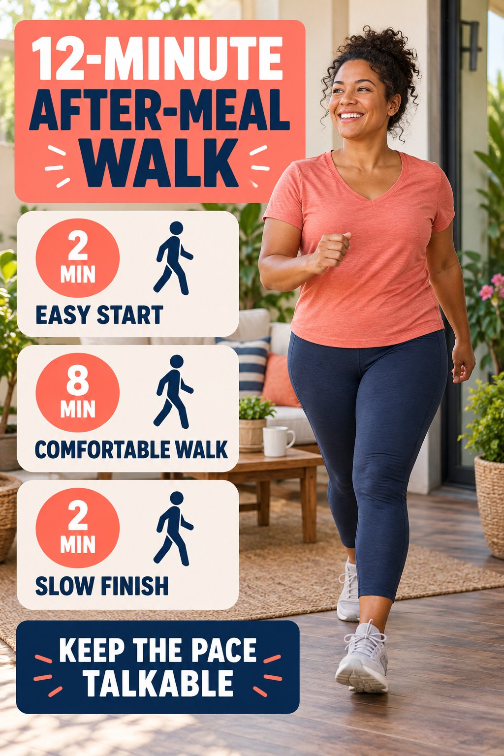 Adult walking after a meal beside a 12-minute routine with easy start, comfortable walk, and slow finish.