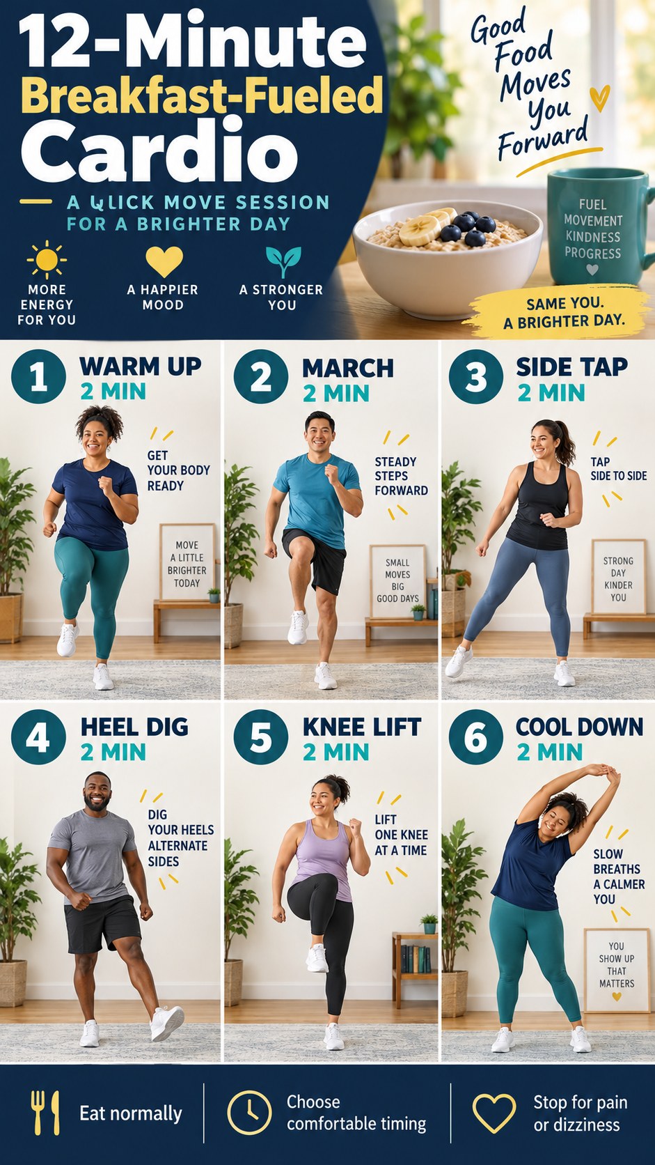 English infographic for 12-minute breakfast-fueled cardio showing the timed low-impact workout, safety guidance, and cool-down.
