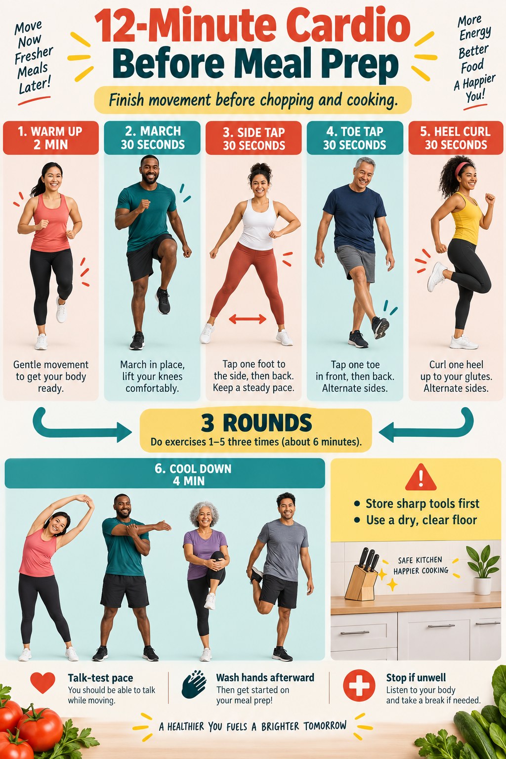 Infographic for a 12-minute cardio routine before meal prep with marching, side taps, toe taps, heel curls, and cool-down.