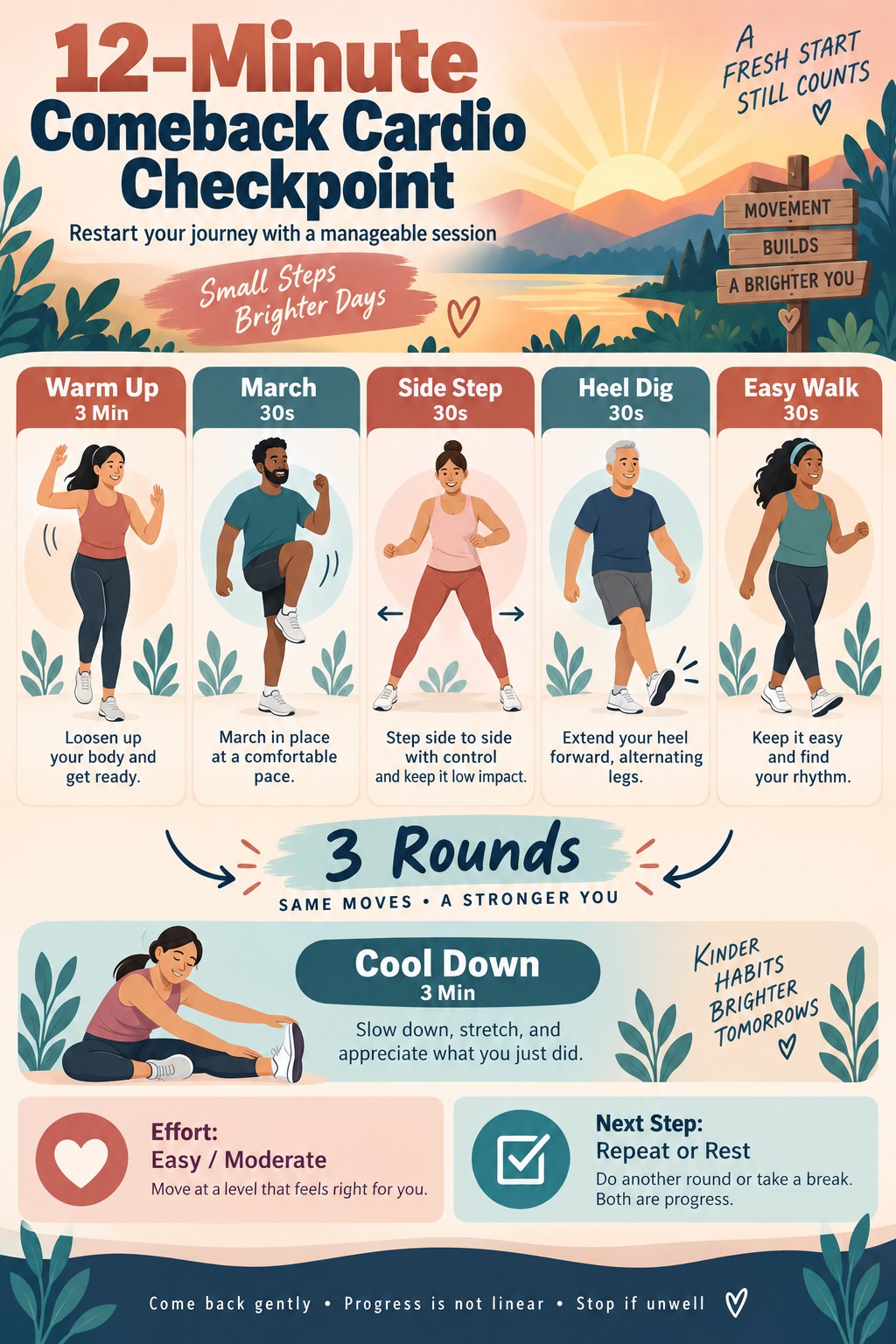 Comeback cardio infographic showing a warm-up, marching, side steps, heel digs, easy walking, three rounds, a cool-down, and reflection prompts.