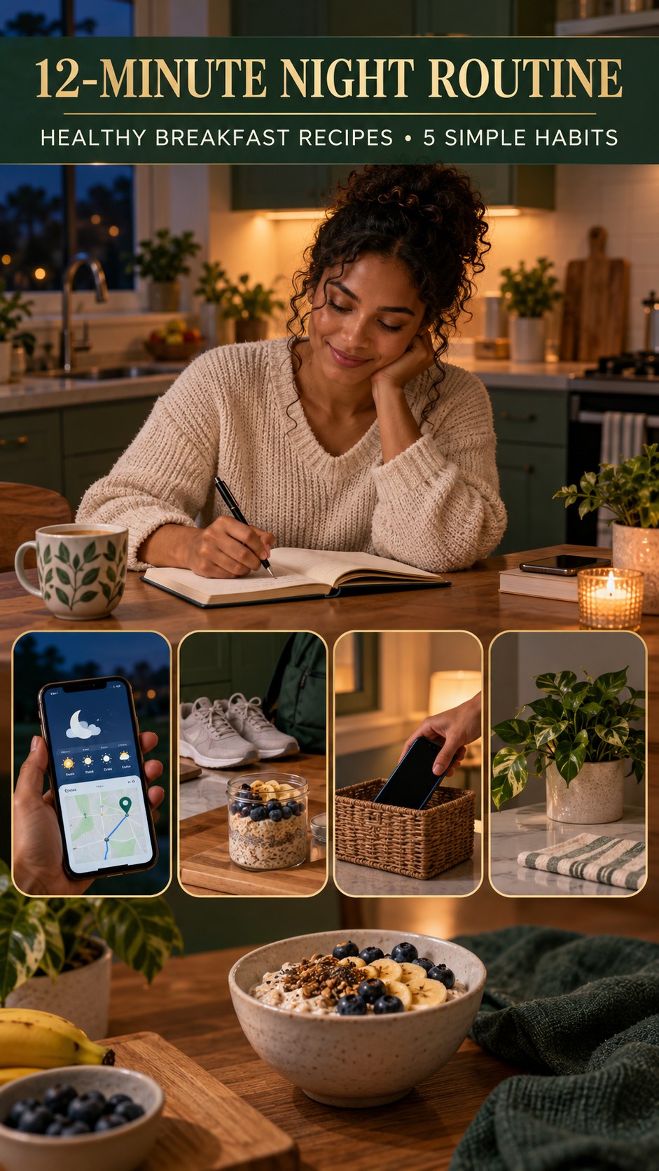 Night routine infographic for Healthy Breakfast Recipes showing write a brief check-in and 5 practical evening habits.