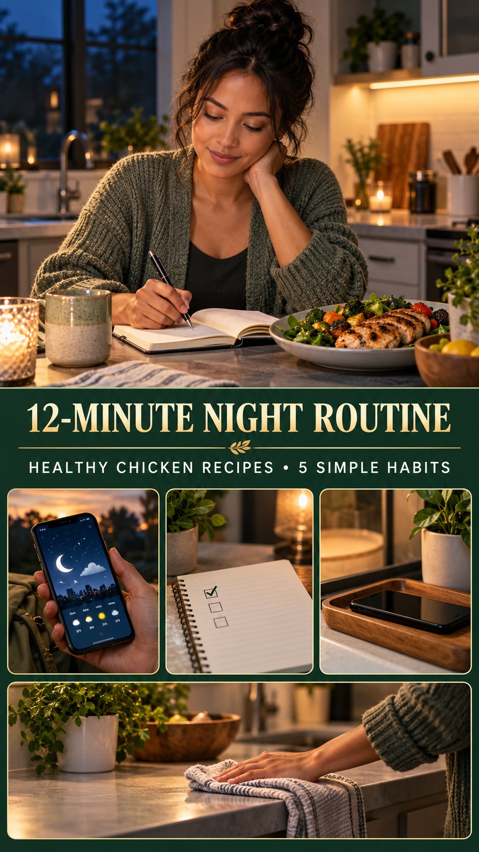 Night routine infographic for Healthy Chicken Recipes showing write a brief check-in and 5 practical evening habits.