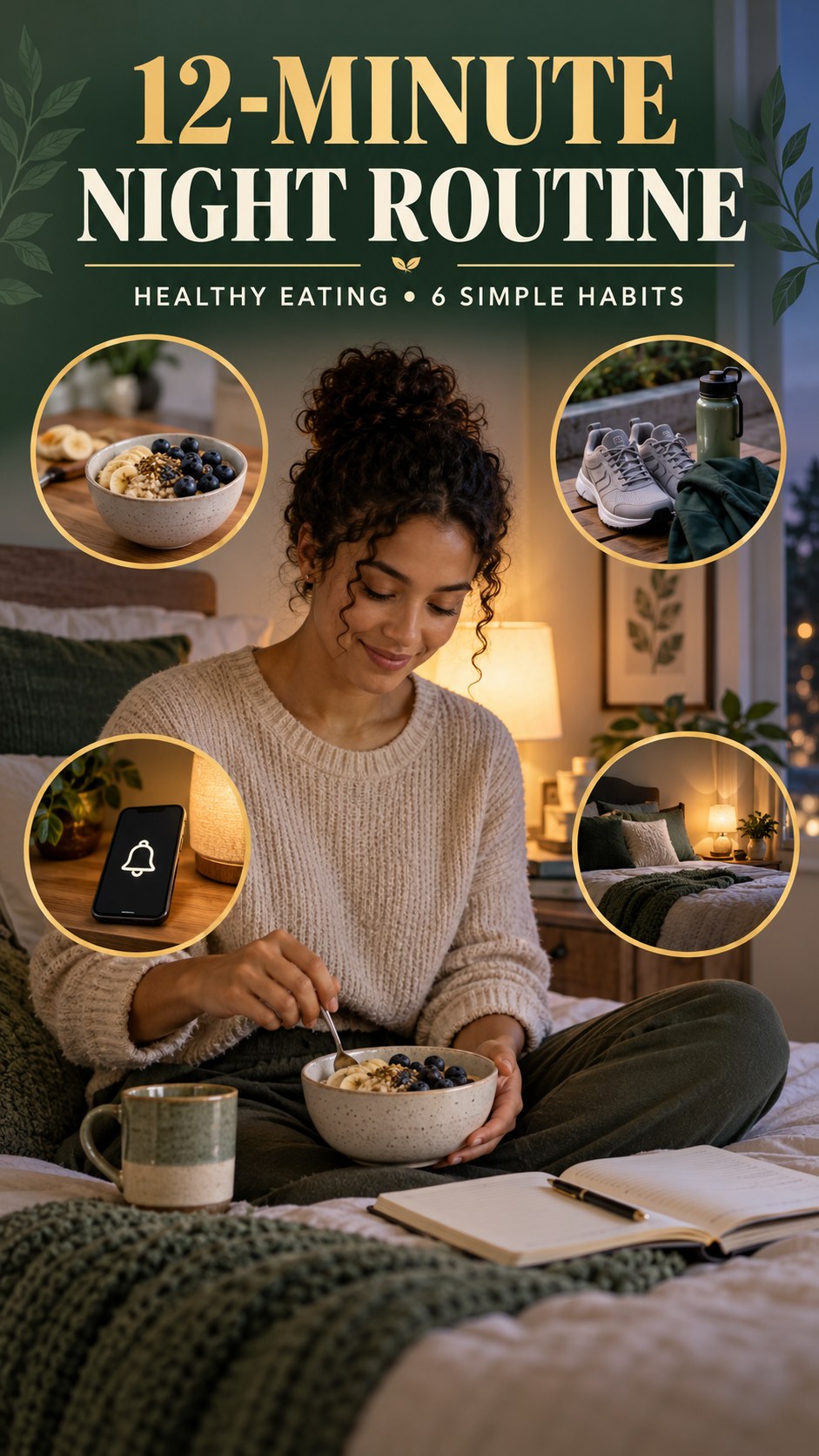 Night routine infographic for Healthy Eating showing prepare a flexible breakfast and 6 practical evening habits.