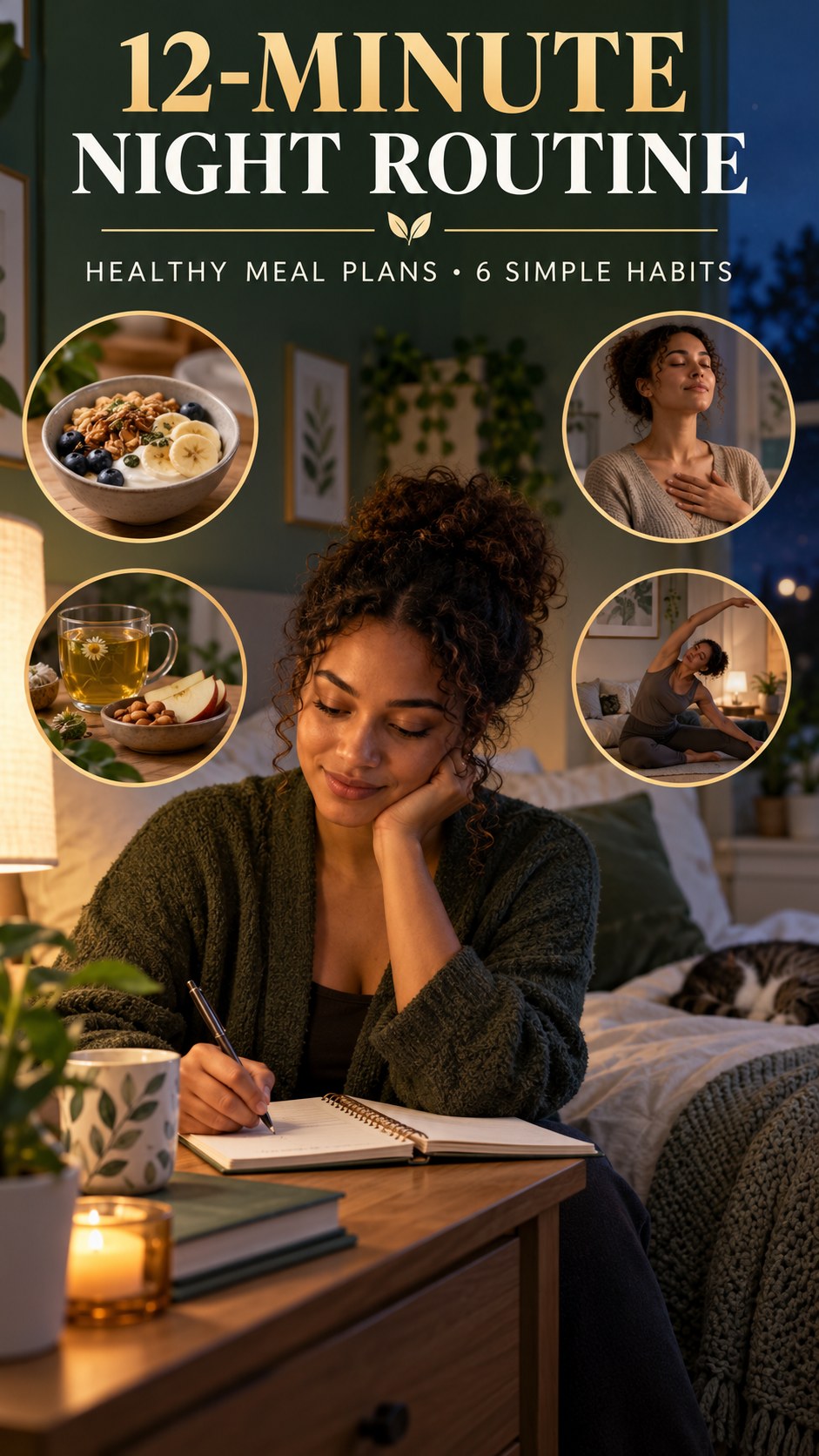 Night routine infographic for Healthy Meal Plans showing plan a satisfying evening snack and 6 practical evening habits.