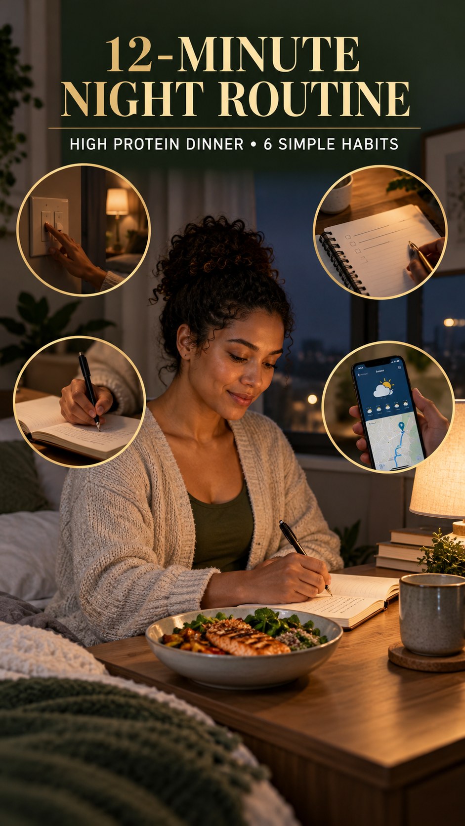 Night routine infographic for High Protein Dinner showing close the kitchen deliberately and 6 practical evening habits.