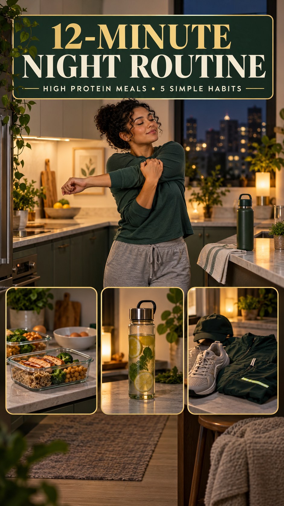 Night routine infographic for High Protein Meals showing use a short stretch break and 5 practical evening habits.