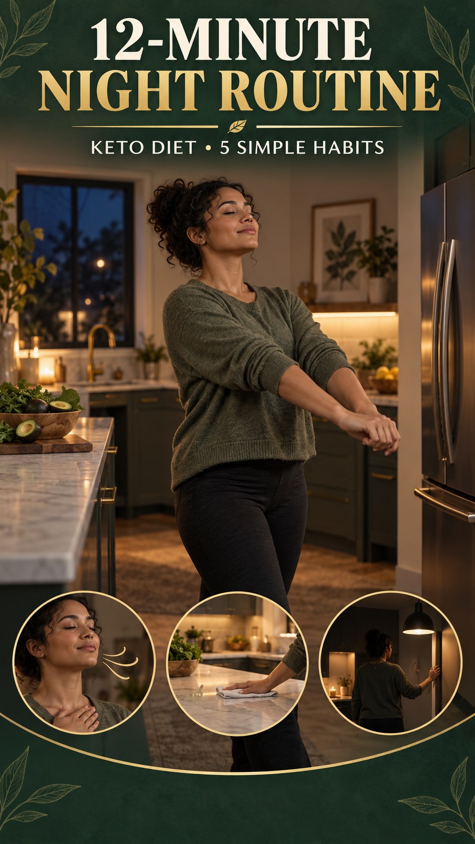 Night routine infographic for Keto Diet showing try comfortable mobility and 5 practical evening habits.