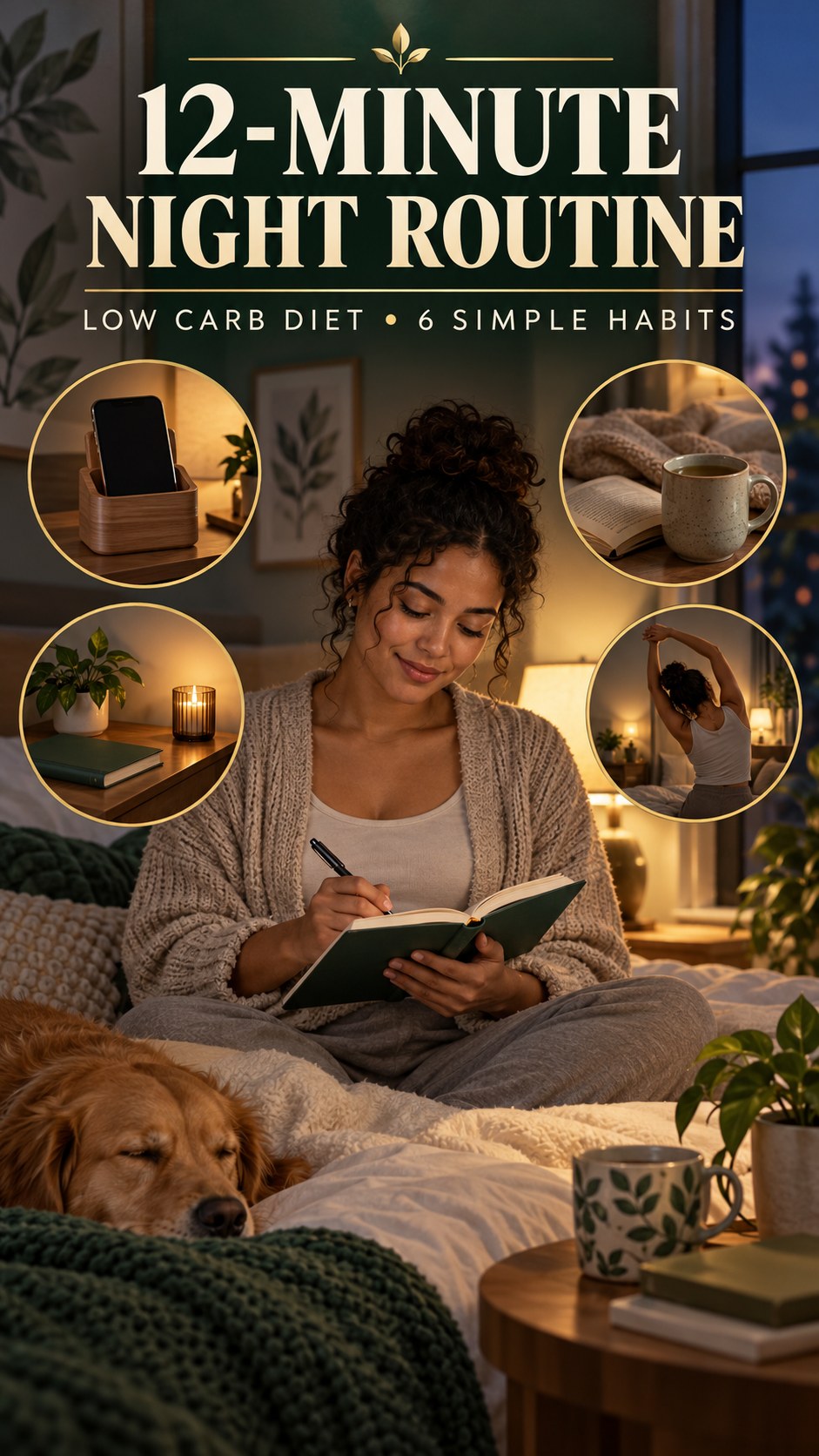 Night routine infographic for Low Carb Diet showing set a screen boundary and 6 practical evening habits.