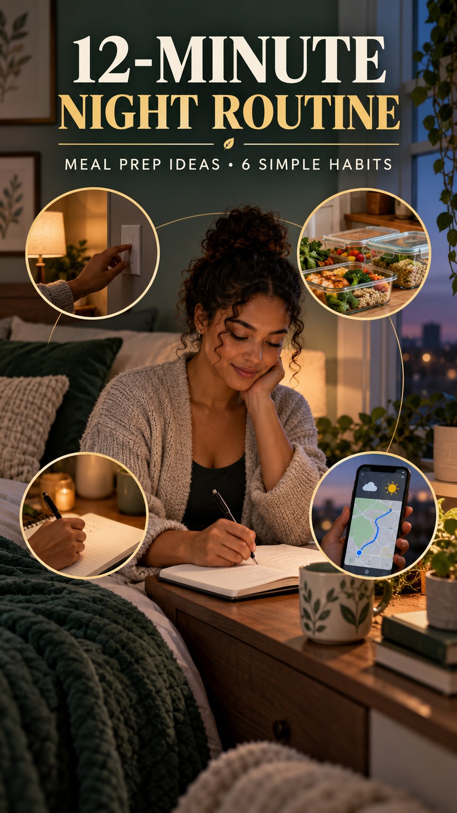 Night routine infographic for Meal Prep Ideas showing close the kitchen deliberately and 6 practical evening habits.