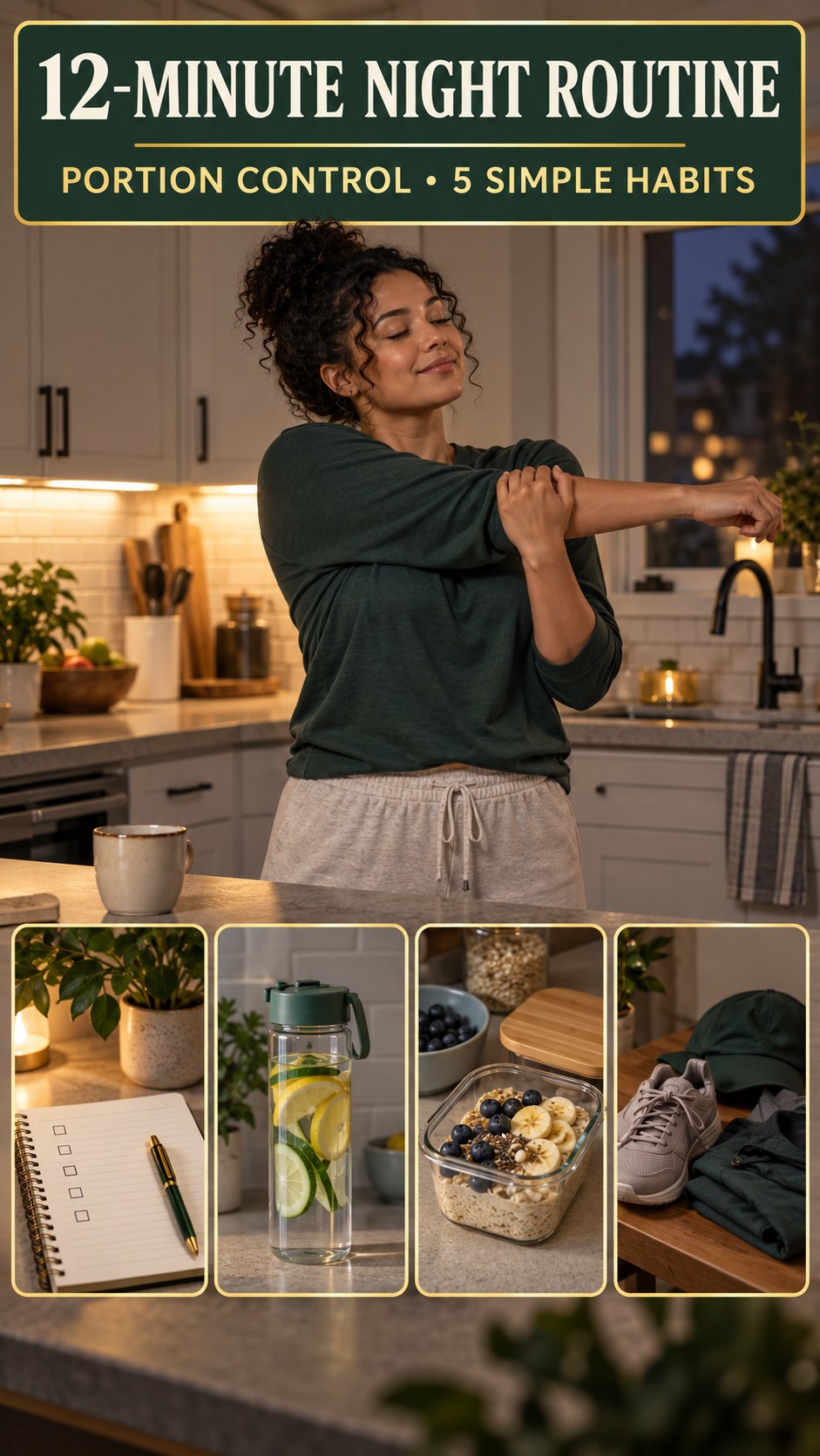 Night routine infographic for Portion Control showing use a short stretch break and 5 practical evening habits.