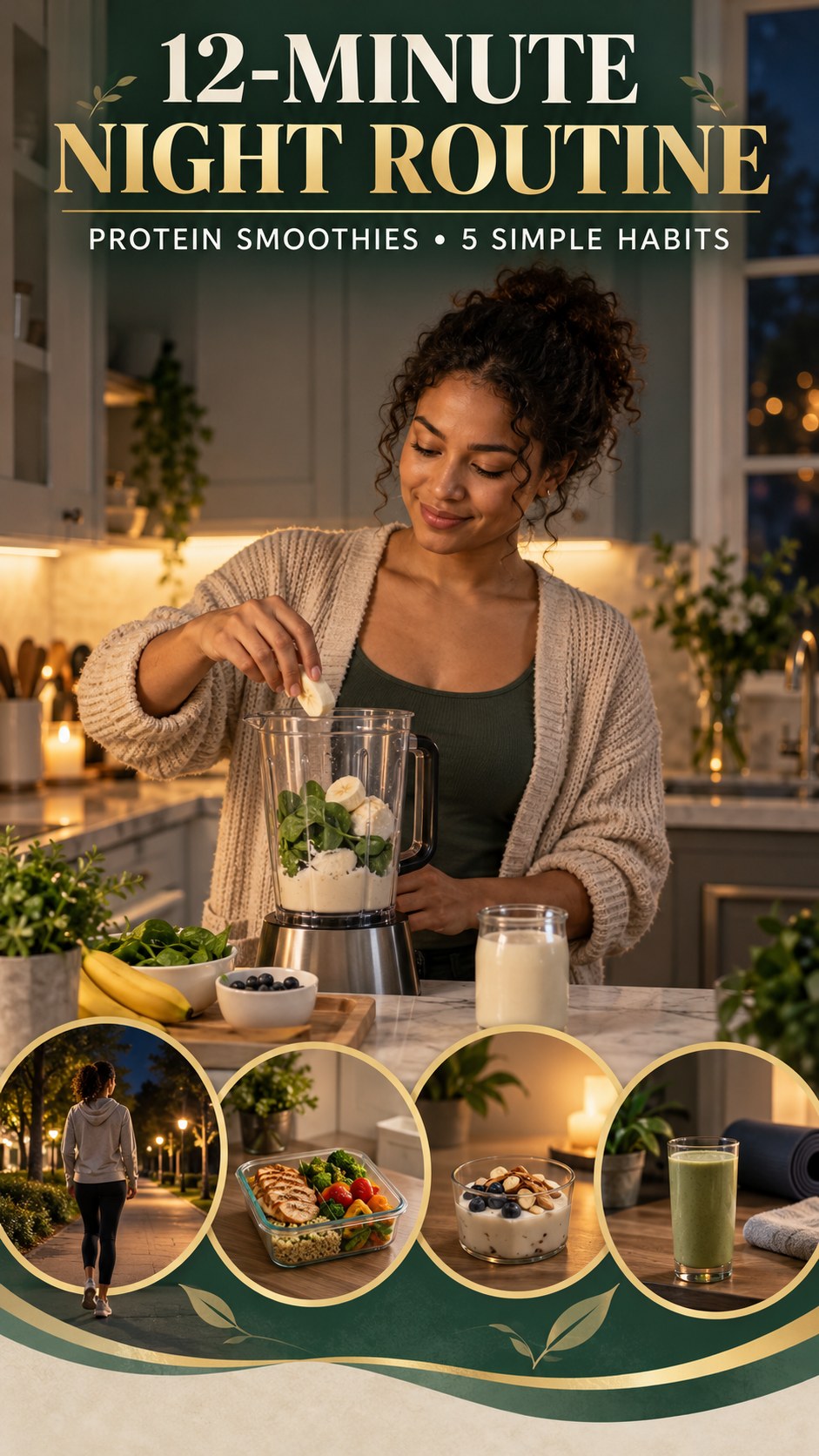 Night routine infographic for Protein Smoothies showing make the room comfortable and 5 practical evening habits.