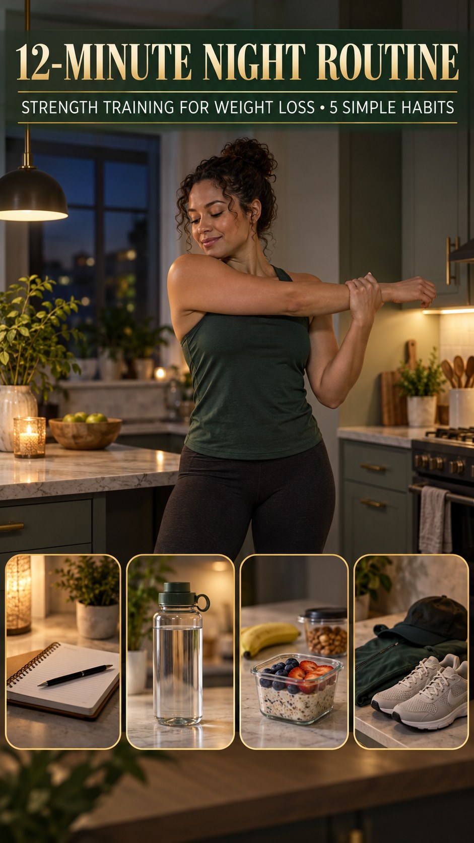 Night routine infographic for Strength Training for Weight Loss showing use a short stretch break and 5 practical evening habits.