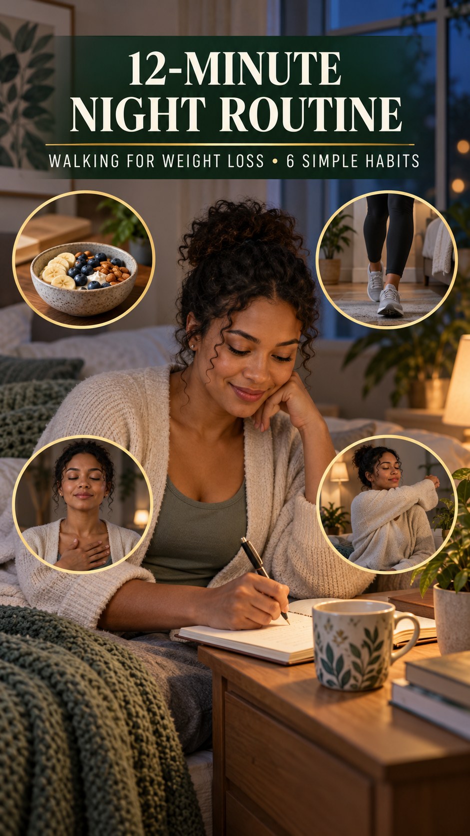 Night routine infographic for Walking for Weight Loss showing plan a satisfying evening snack and 6 practical evening habits.