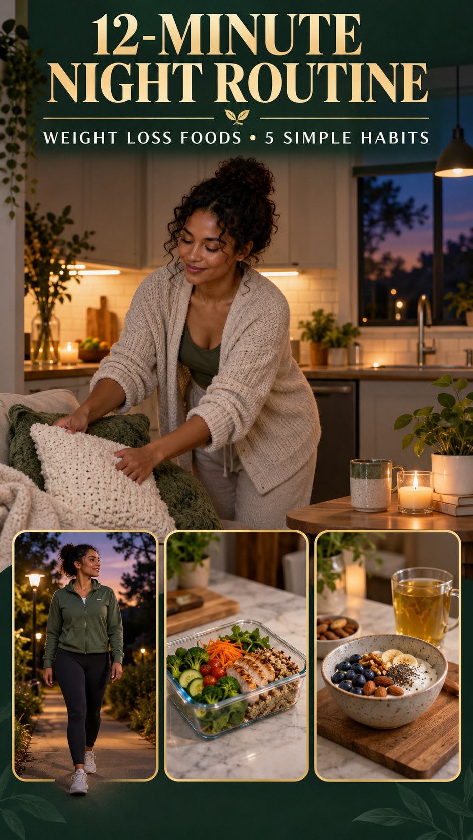 Night routine infographic for Weight Loss Foods showing make the room comfortable and 5 practical evening habits.