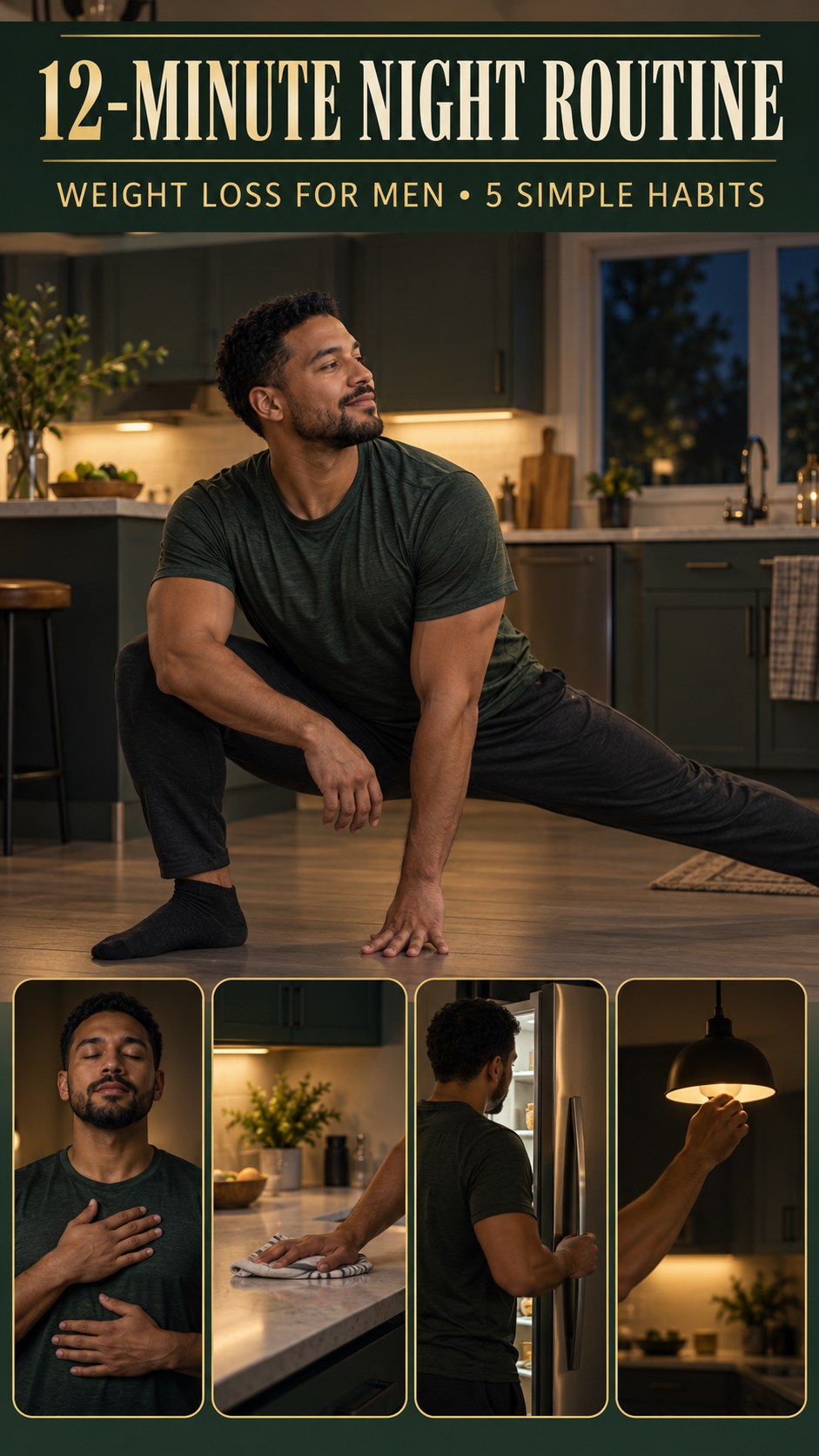 Night routine infographic for Weight Loss for Men showing try comfortable mobility and 5 practical evening habits.