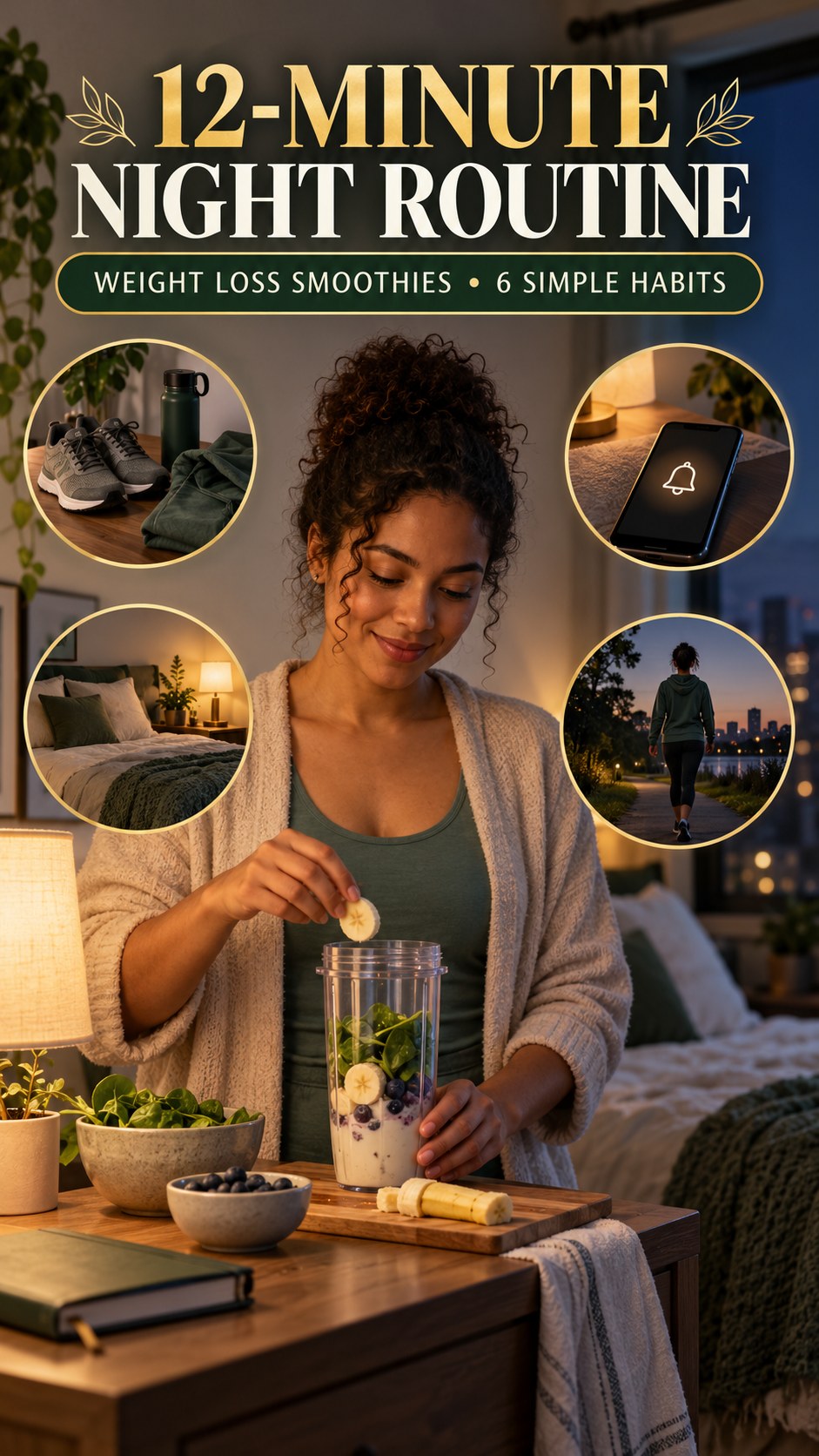 Night routine infographic for Weight Loss Smoothies showing prepare a flexible breakfast and 6 practical evening habits.