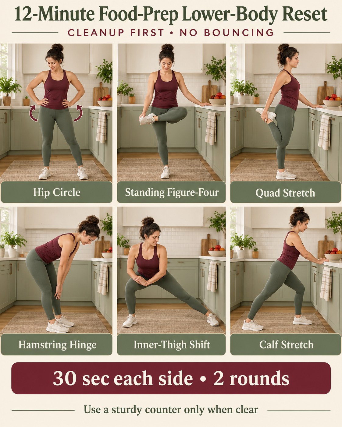 12-minute food-prep lower-body reset infographic with six standing stretches