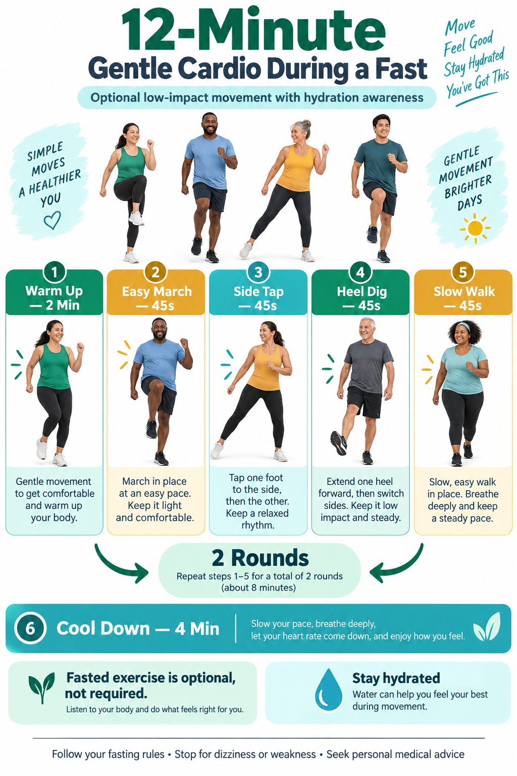 Gentle cardio during a fast infographic showing easy marching, side taps, heel digs, slow walking, two rounds, cool-down, and fasting safety notes.