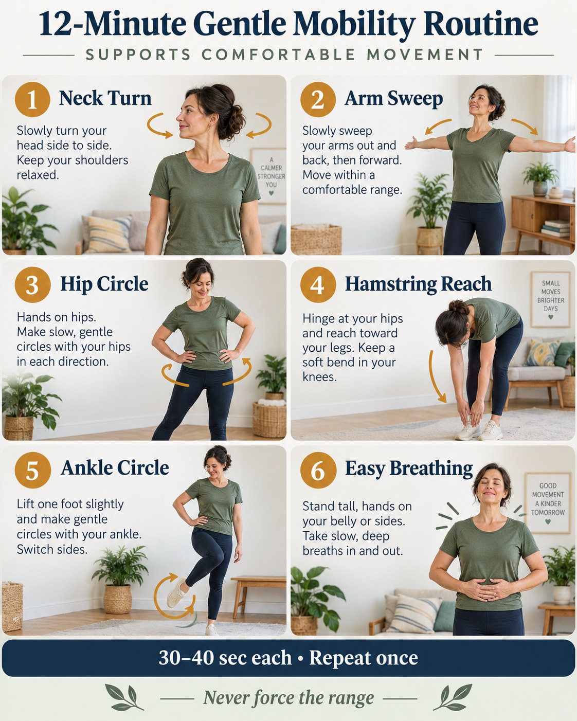 12-minute gentle mobility routine infographic with six controlled standing movements