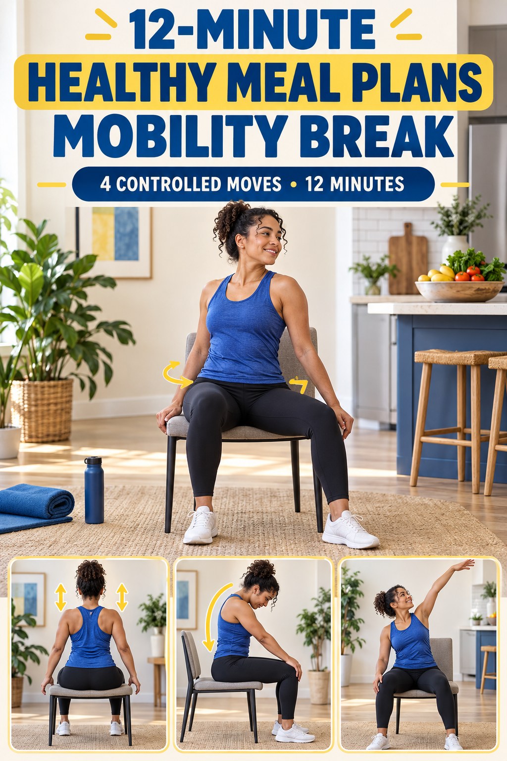 Adult demonstrating seated hip rotations in a 12-minute healthy meal plans mobility break infographic.