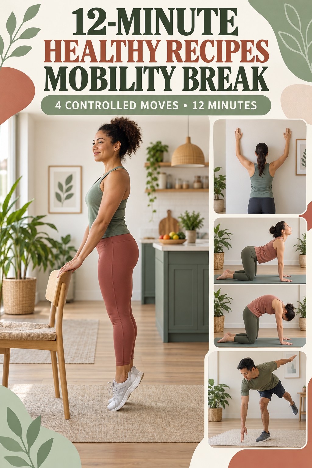Adult demonstrating toe raises and calf raises in a 12-minute healthy recipes mobility break infographic.