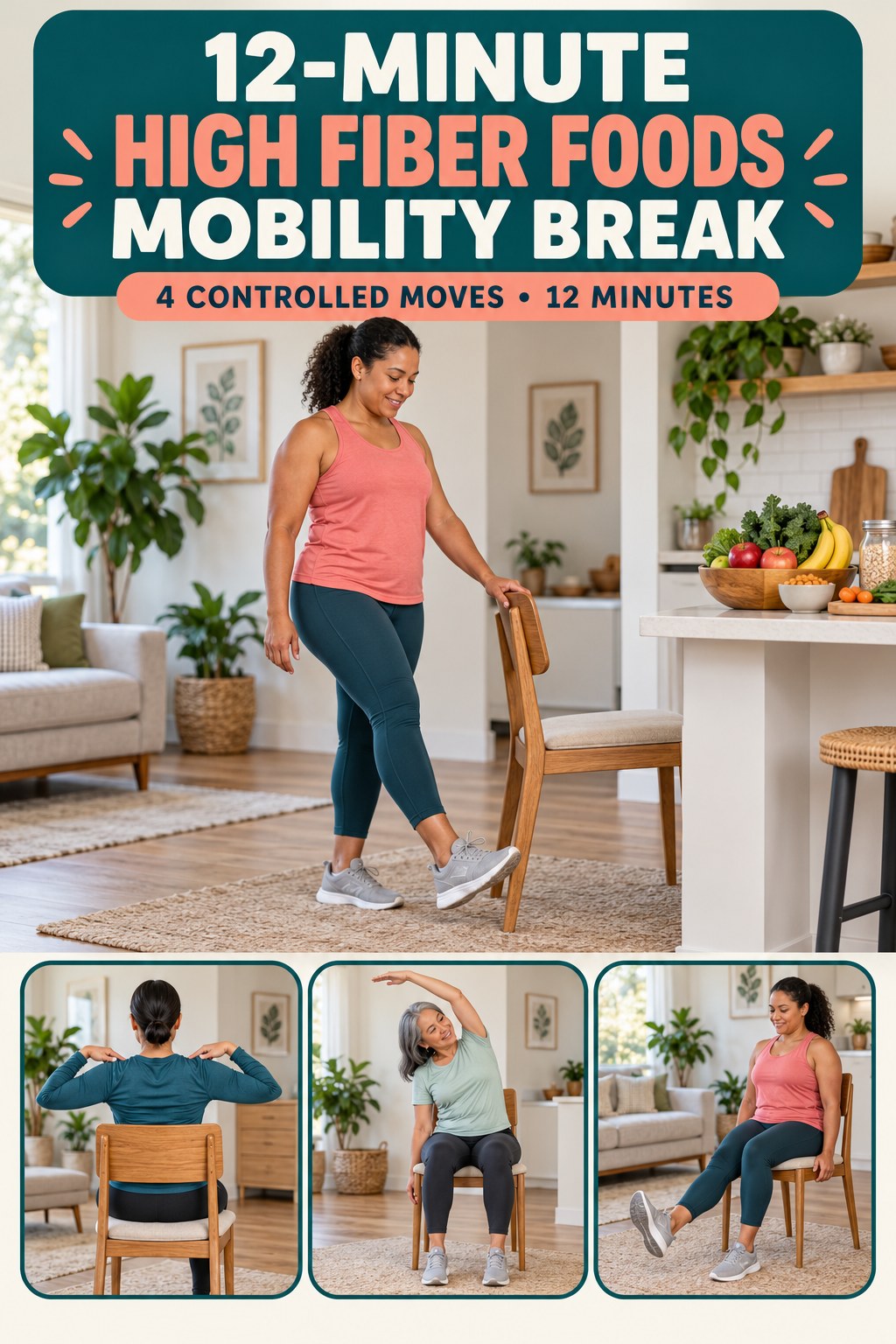 Adult demonstrating heel-to-toe ankle rocks in a 12-minute high fiber foods mobility break infographic.