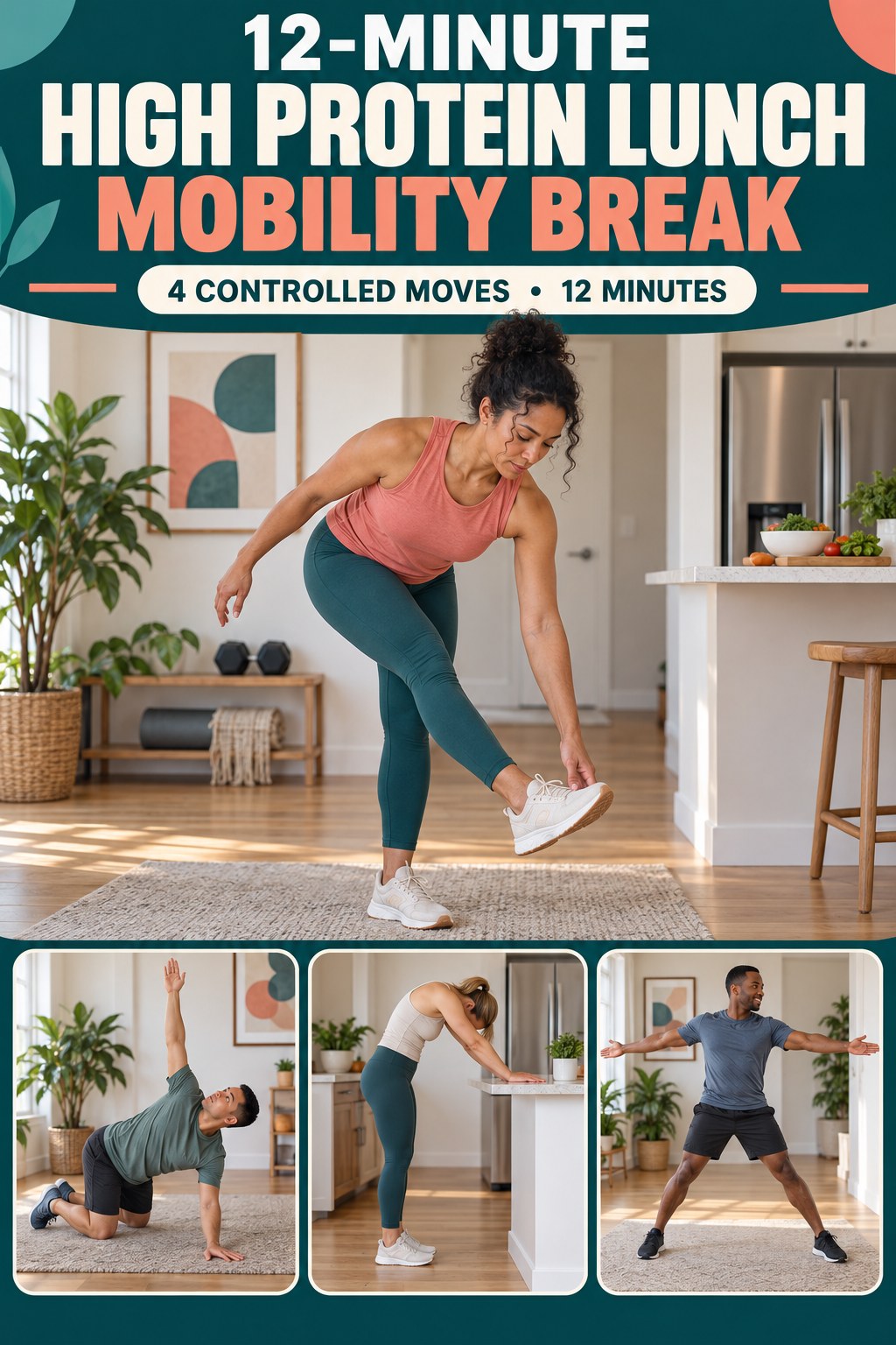 Adult demonstrating standing hamstring scoops in a 12-minute high protein lunch mobility break infographic.