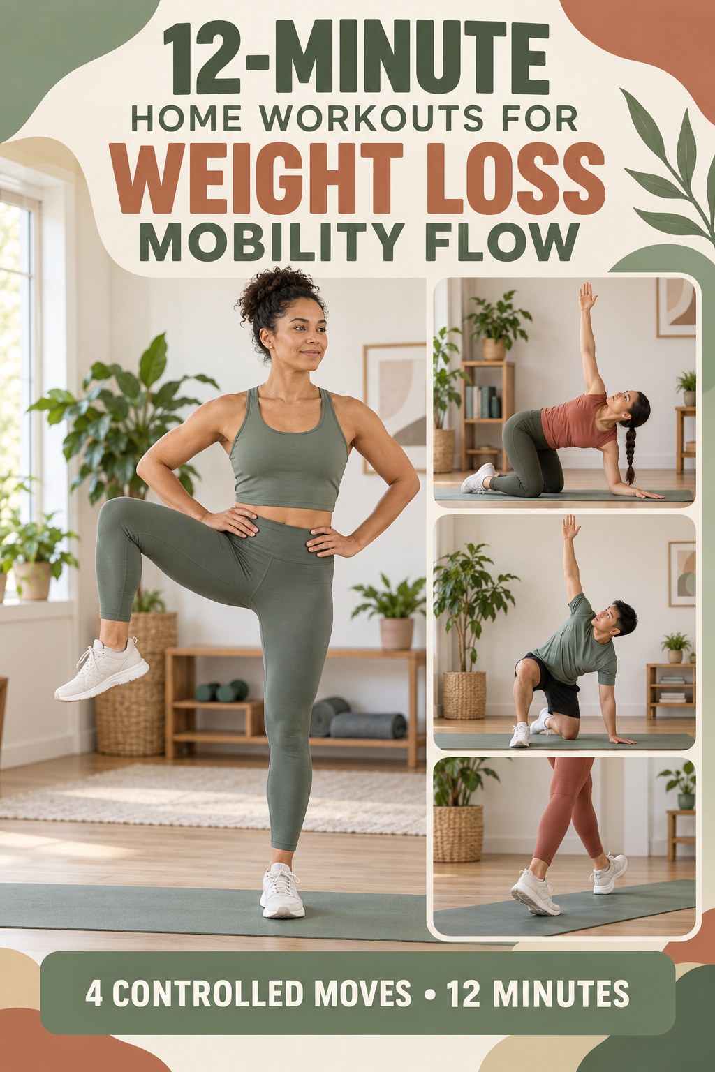 Adult demonstrating standing hip openers in a 12-minute home workouts for weight loss mobility flow infographic.