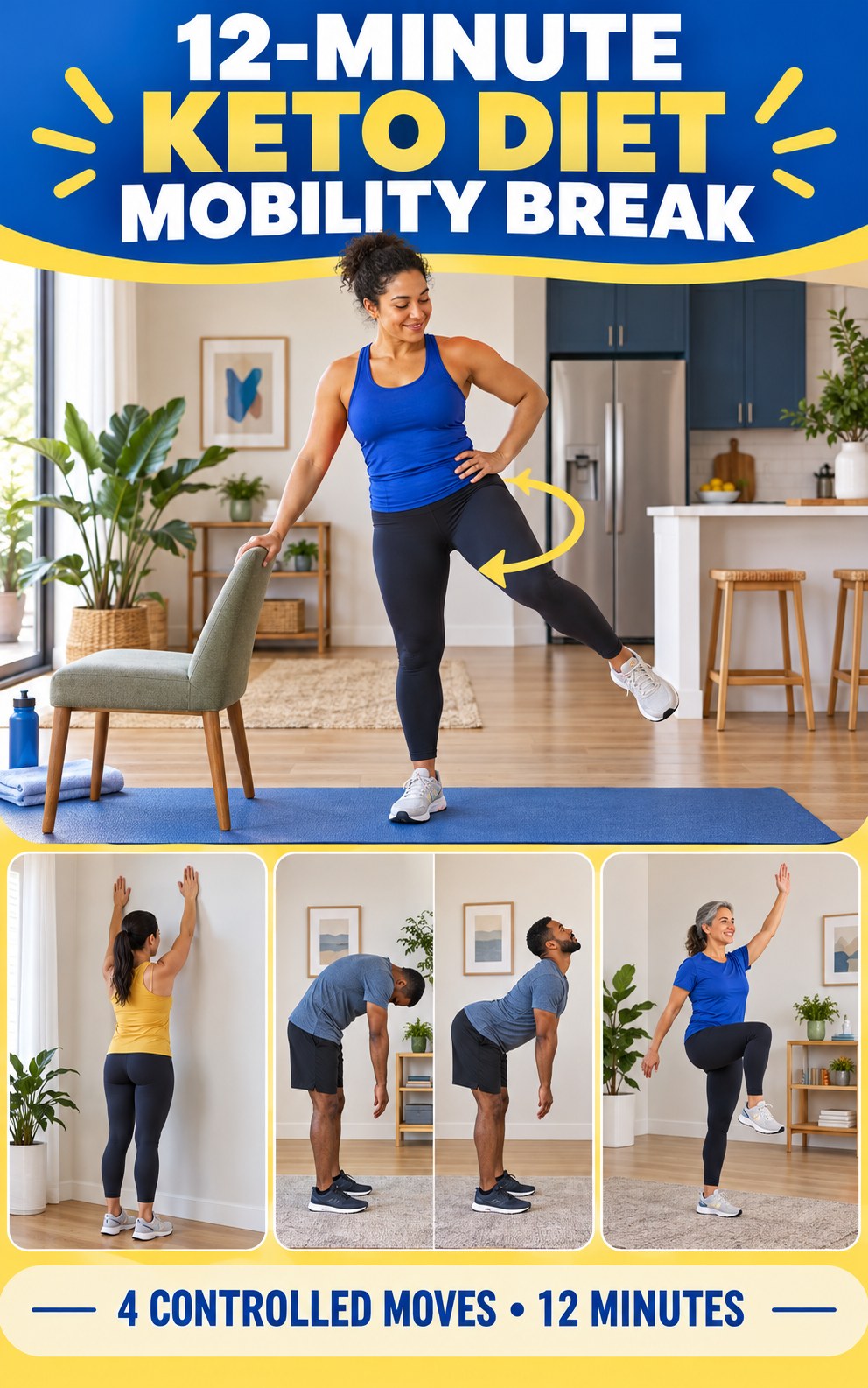 Adult demonstrating supported hip circles in a 12-minute keto diet mobility break infographic.