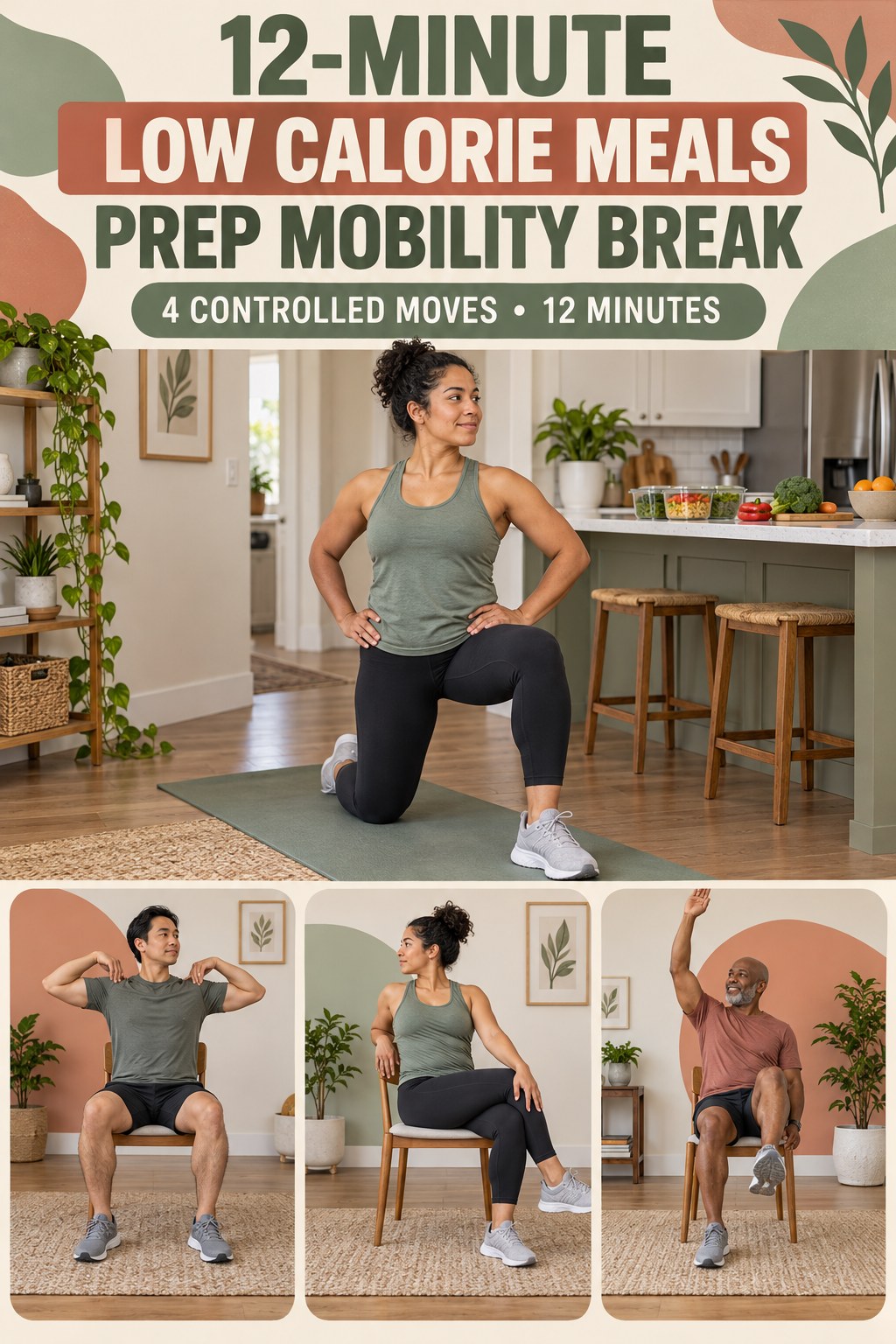 Adult demonstrating half-kneeling hip shifts in a 12-minute low calorie meals prep mobility break infographic.