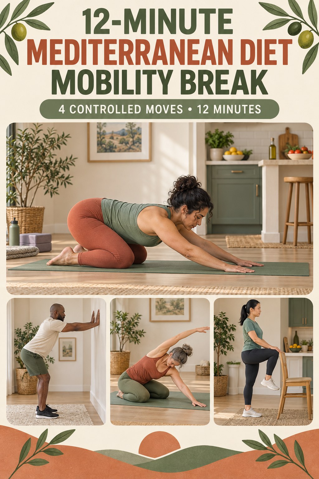 Adult demonstrating quadruped hip rock-backs in a 12-minute mediterranean diet mobility break infographic.