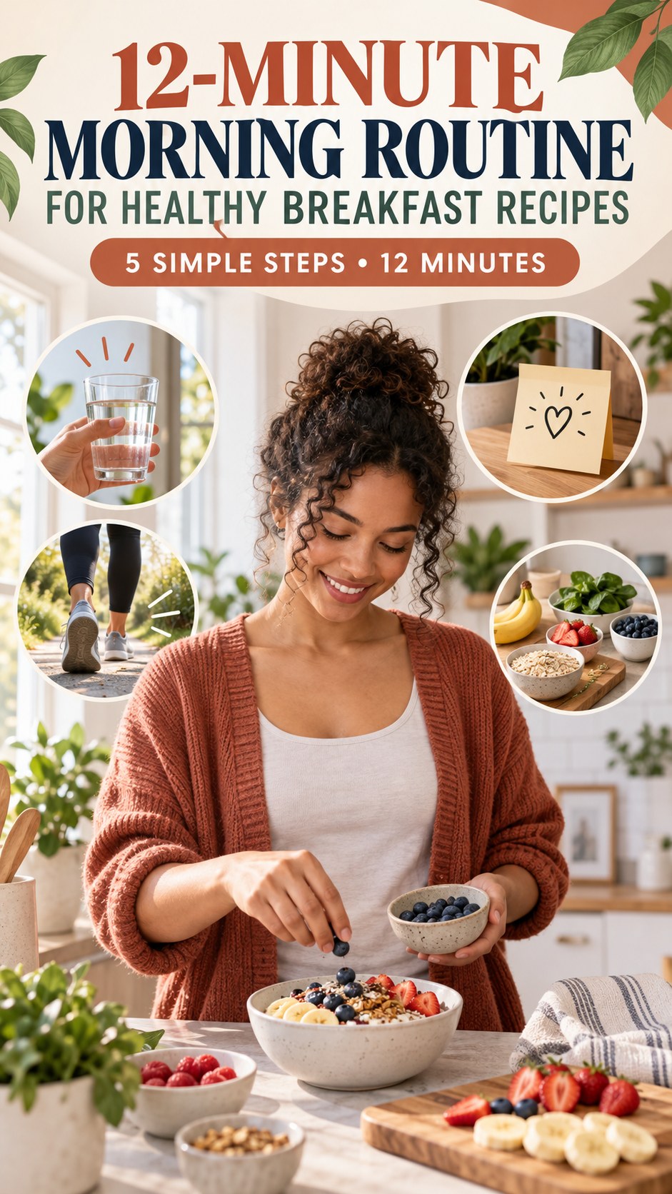 Morning routine infographic for Healthy Breakfast Recipes showing create a meal cue and five practical steps.