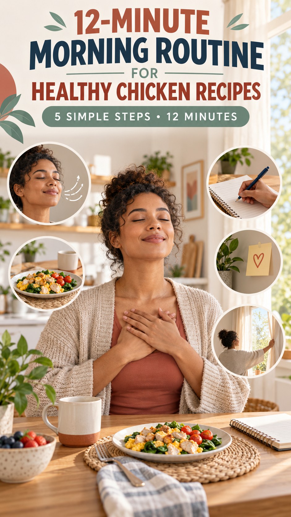 Morning routine infographic for Healthy Chicken Recipes showing take three slow breaths and five practical steps.