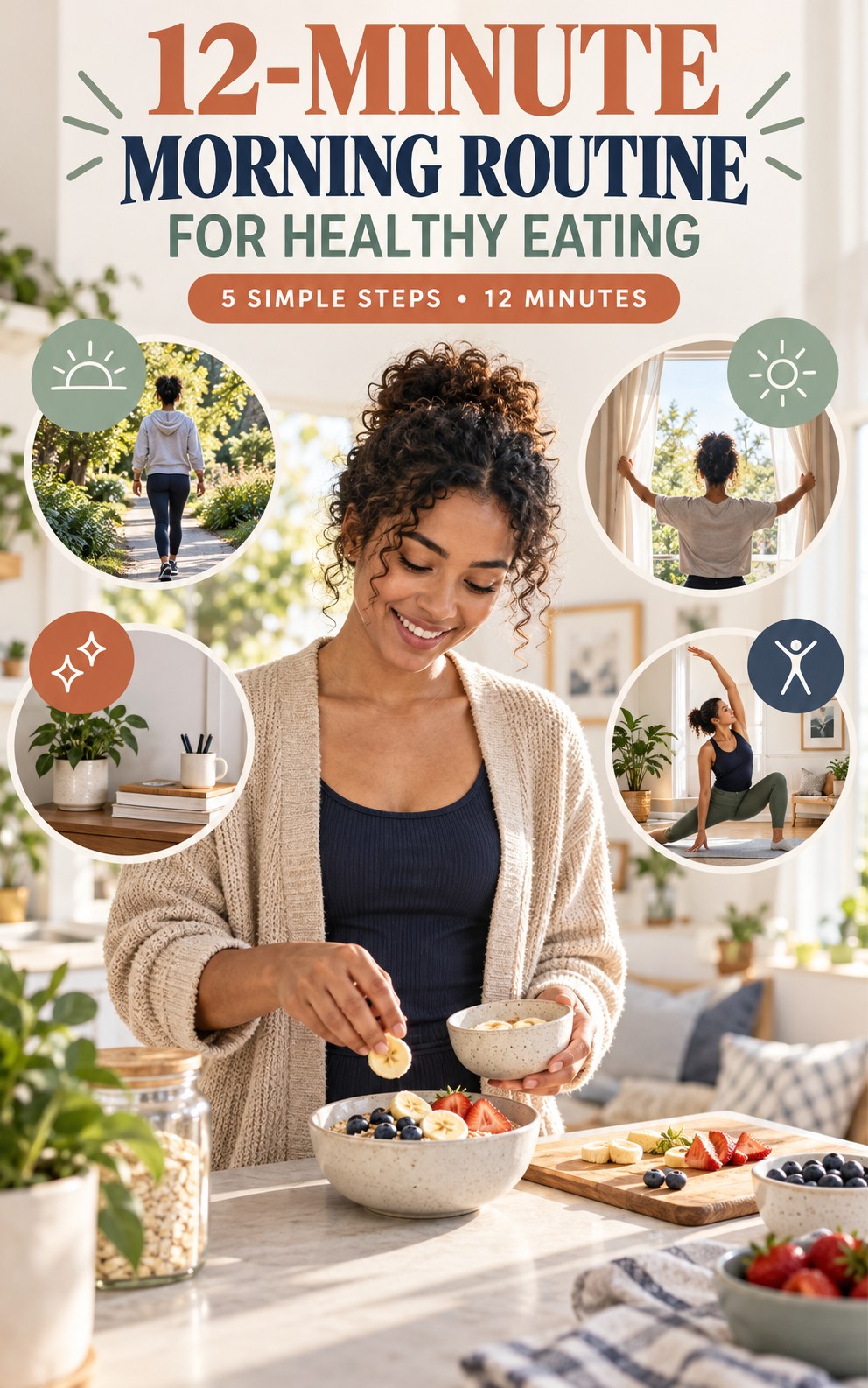 Morning routine infographic for Healthy Eating showing prepare an easy breakfast option and five practical steps.