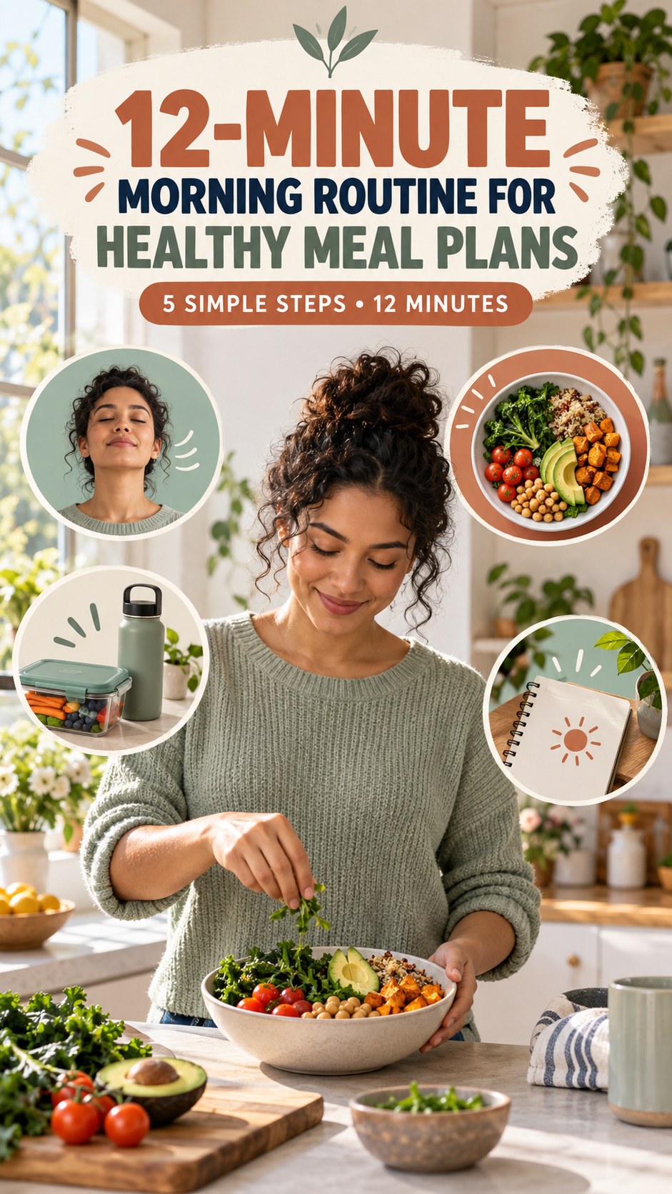 Morning routine infographic for Healthy Meal Plans showing build a balanced plate plan and five practical steps.
