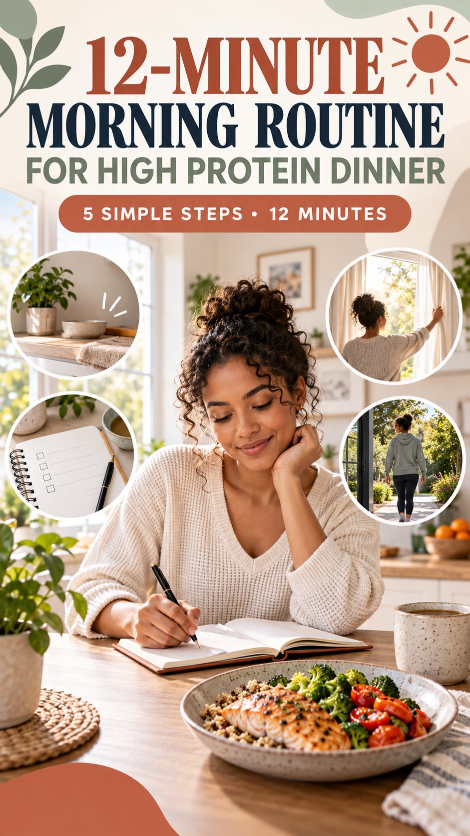 Morning routine infographic for High Protein Dinner showing write a simple check-in and five practical steps.