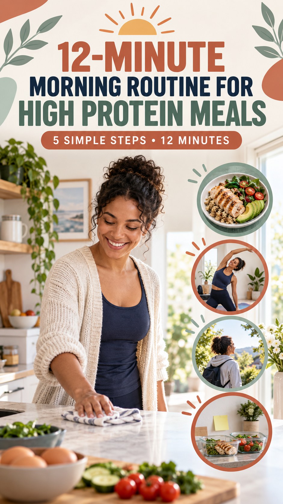 Morning routine infographic for High Protein Meals showing tidy one small surface and five practical steps.