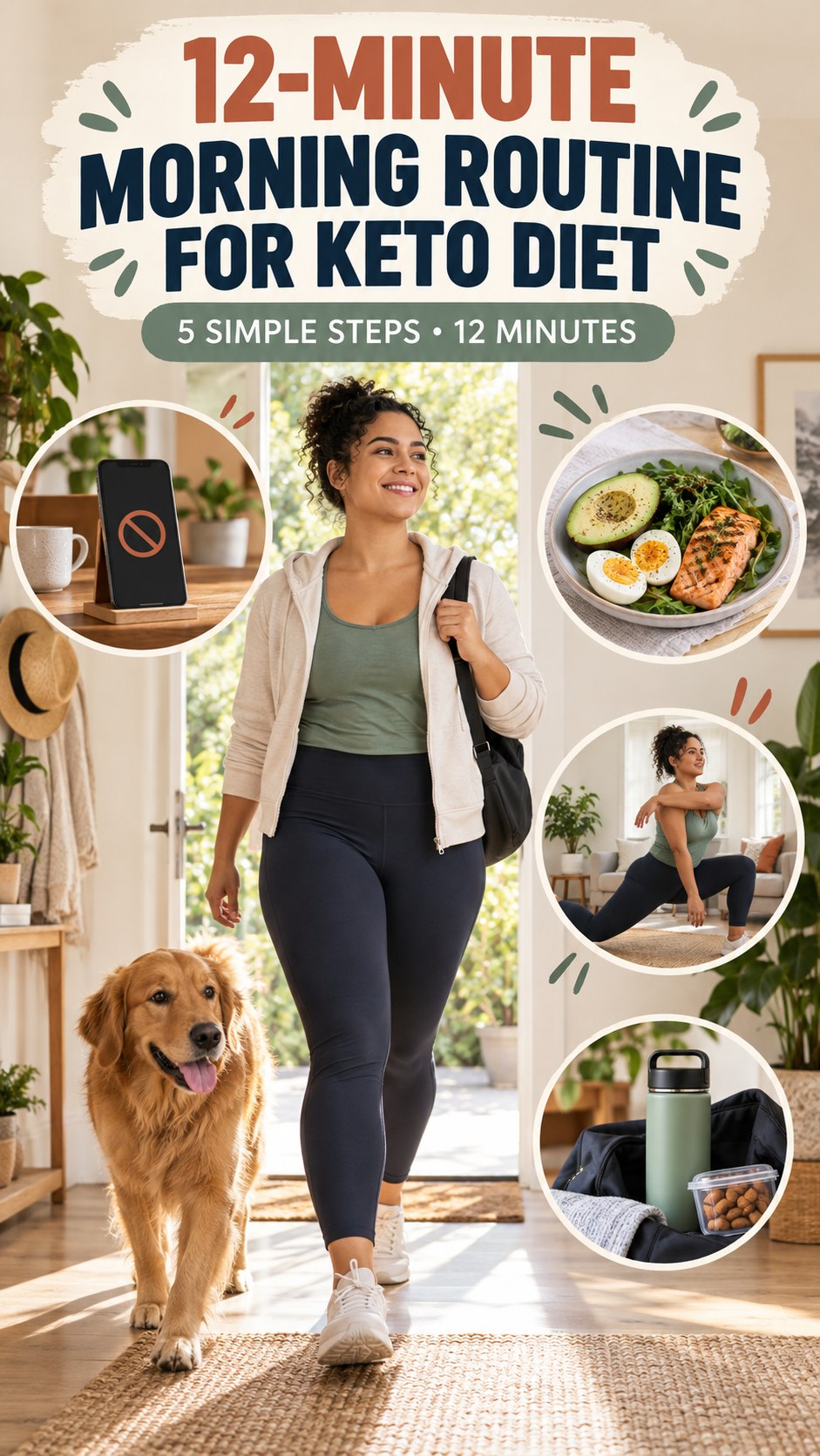 Morning routine infographic for Keto Diet showing start with a short walk and five practical steps.