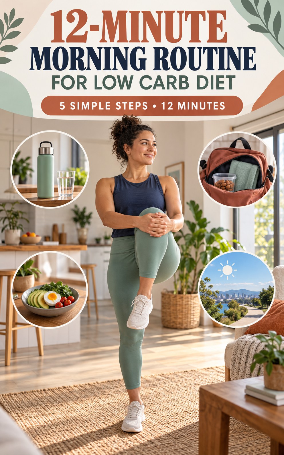 Morning routine infographic for Low Carb Diet showing do a two-minute mobility check and five practical steps.