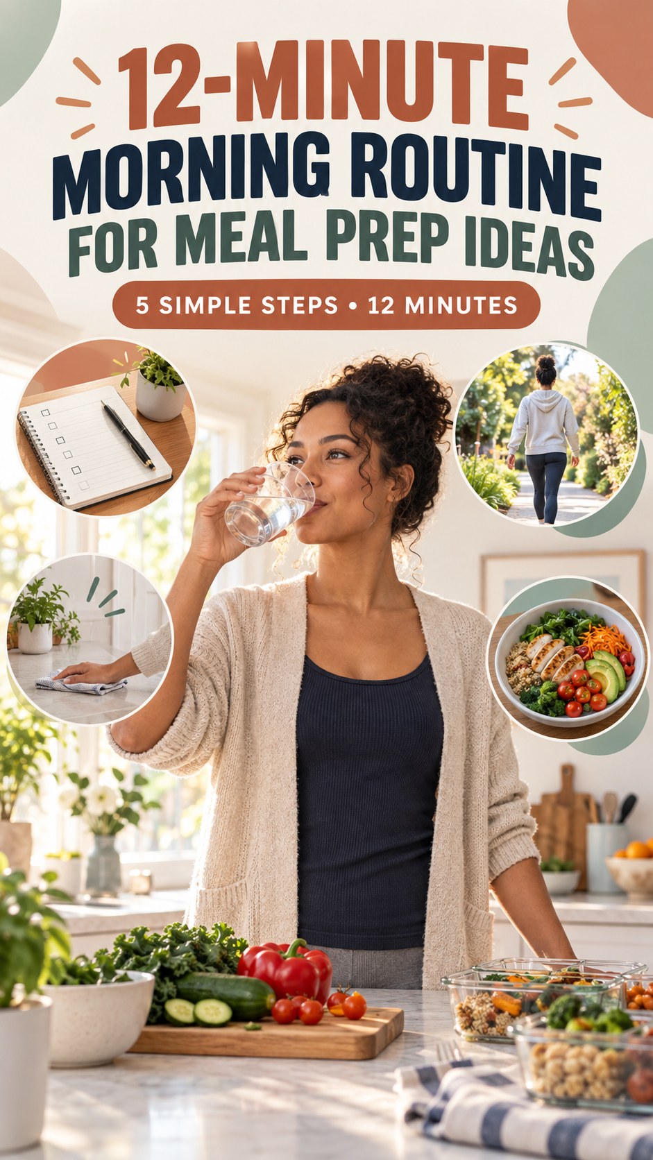 Morning routine infographic for Meal Prep Ideas showing drink water and five practical steps.
