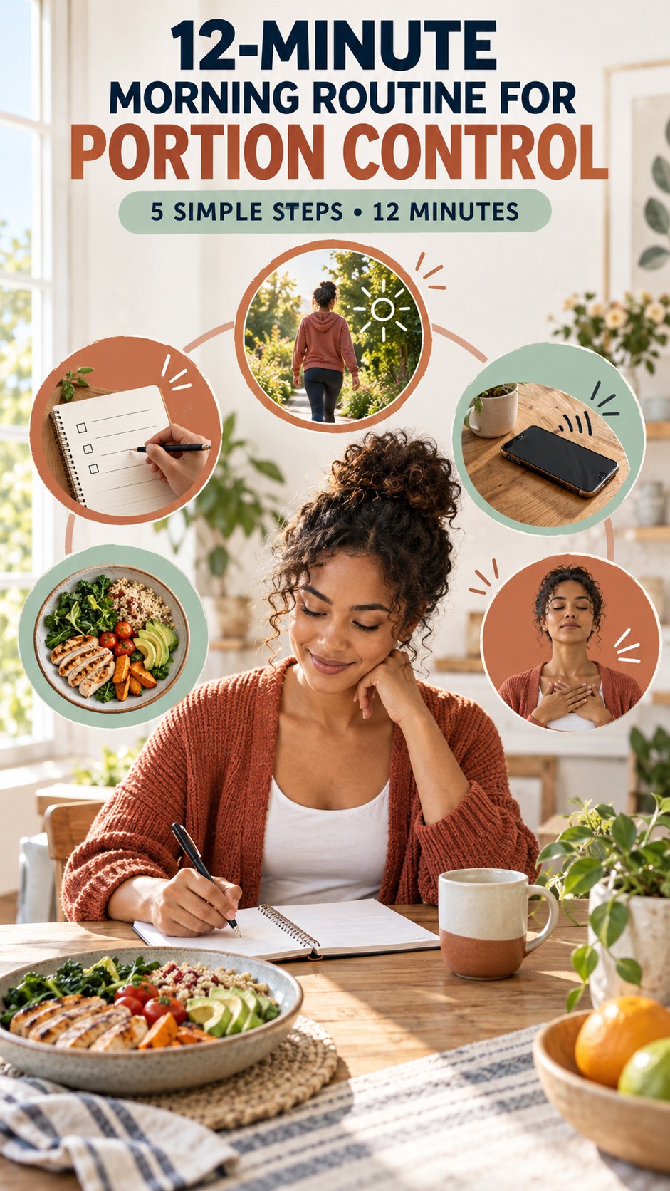 Morning routine infographic for Portion Control showing review today’s plan and five practical steps.