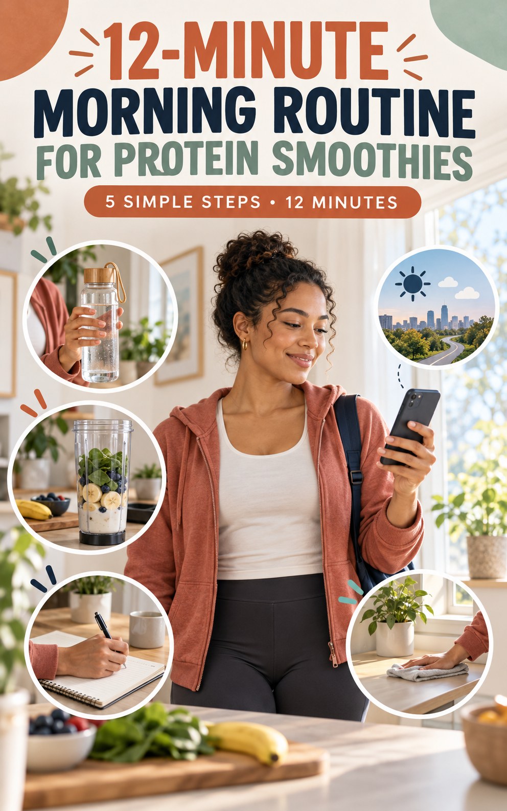 Morning routine infographic for Protein Smoothies showing check the weather and route and five practical steps.