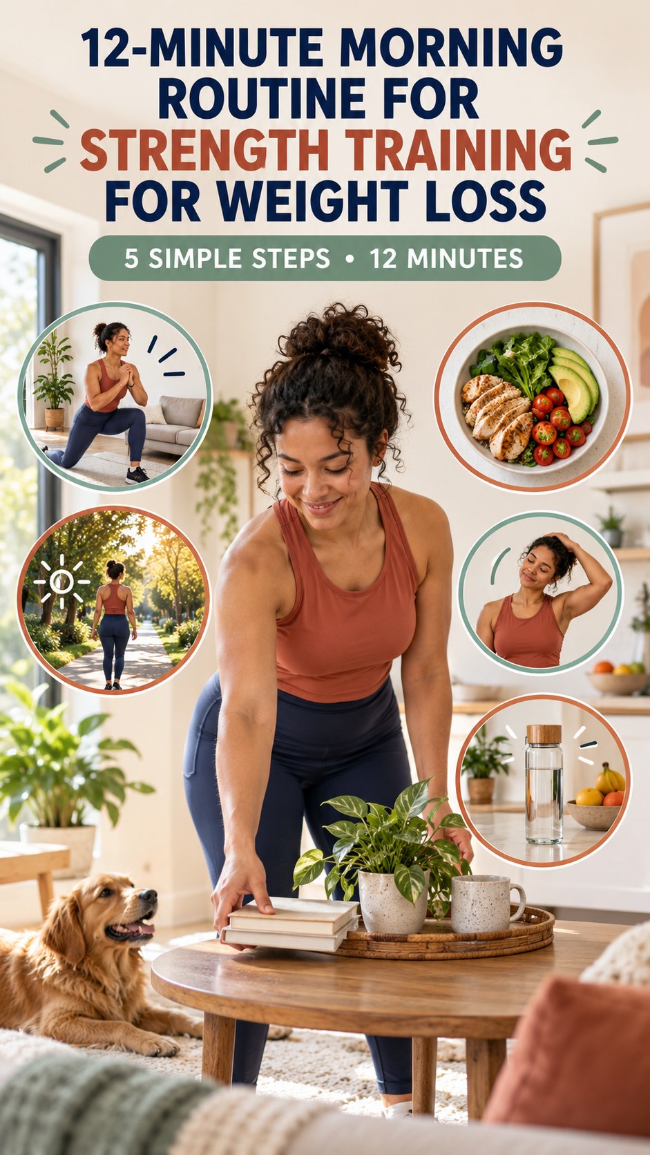 Morning routine infographic for Strength Training for Weight Loss showing tidy one small surface and five practical steps.