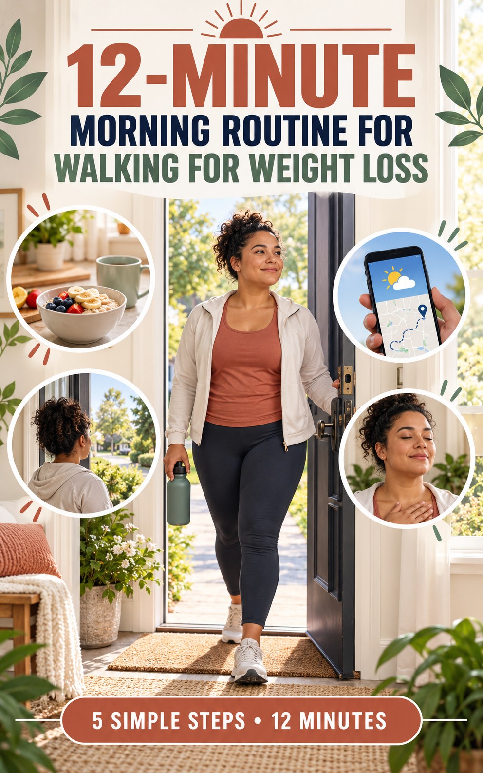 Morning routine infographic for Walking for Weight Loss showing step outside briefly and five practical steps.