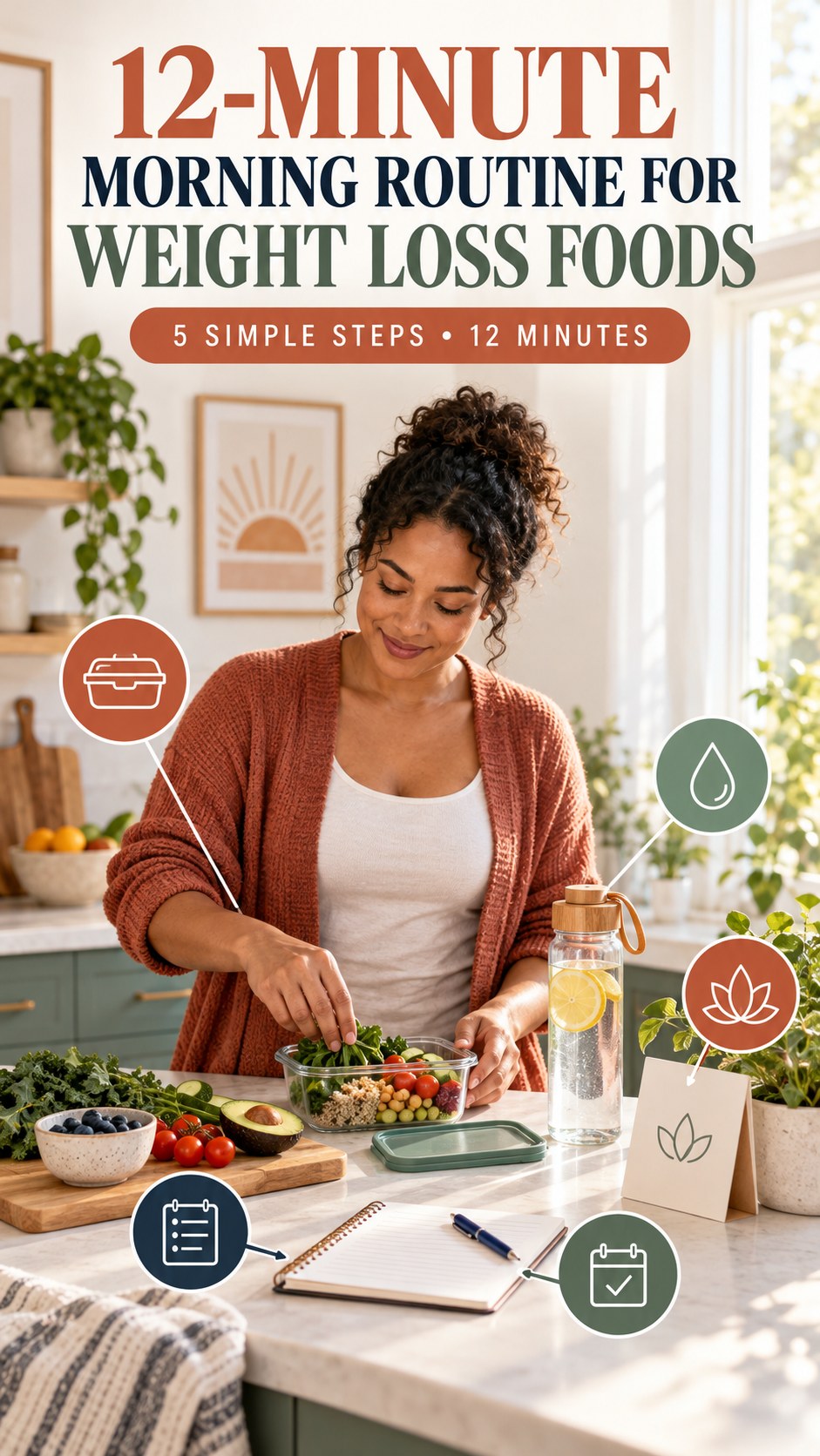 Morning routine infographic for Weight Loss Foods showing pack one helpful item and five practical steps.